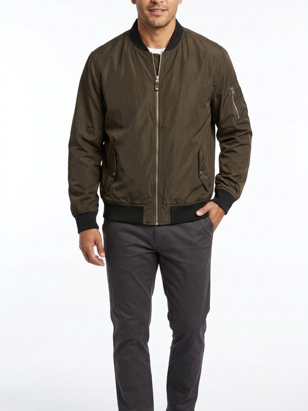 Goodfellow & Co Men's Water Resistant Olive Green Bomber Jacket with Black Trim